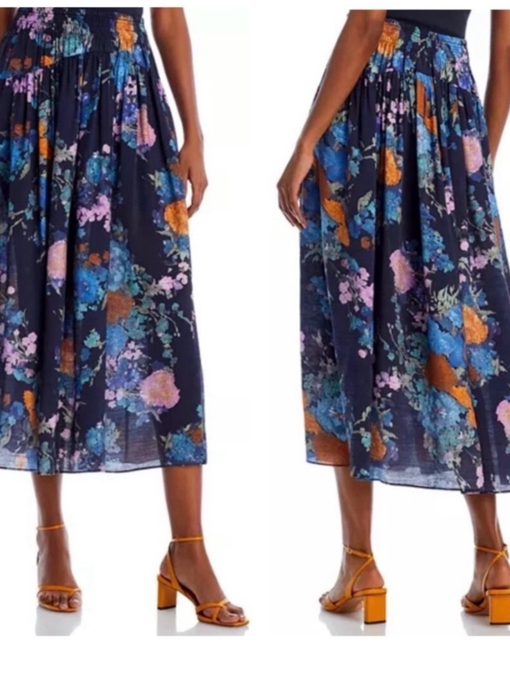 Vince Printed Bouquet Midi Skirt with Smocked Waist Size M
